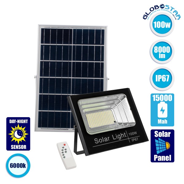 GloboStar® HERMES 71557 Αυτόνομος Ηλιακός Προβολέας LED SMD 100W 8000lm με Ενσωματωμένη Μπαταρία 15000mAh - Φωτοβολταϊκό Πάνελ με Αισθητήρα Ημέρας-Νύχτας και Ασύρματο Χειριστήριο RF 2.4Ghz Αδιάβροχος IP67 Ψυχρό Λευκό 6000K - 3 Χρόνια Εγγύηση