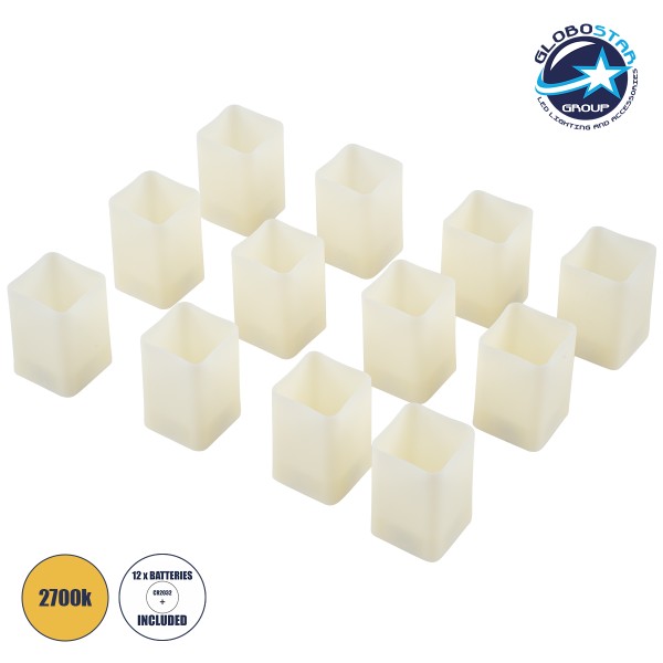 GloboStar® CANDLE 79539 ΣΕΤ 12 x Διακοσμητικά Realistic Κεράκια με LED Εφέ Κινούμενης Φλόγας - Μπαταρίας 12 x CR2032 Θερμό Λευκό 2700K Μπεζ L3.7 x W3.7 x H5.5cm