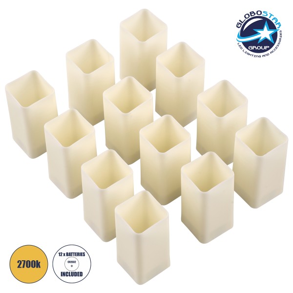 GloboStar® CANDLE 79540 ΣΕΤ 12 x Διακοσμητικά Realistic Κεράκια με LED Εφέ Κινούμενης Φλόγας - Μπαταρίας 12 x CR2032 Θερμό Λευκό 2700K Μπεζ L3.7 x W3.7 x H7.5cm