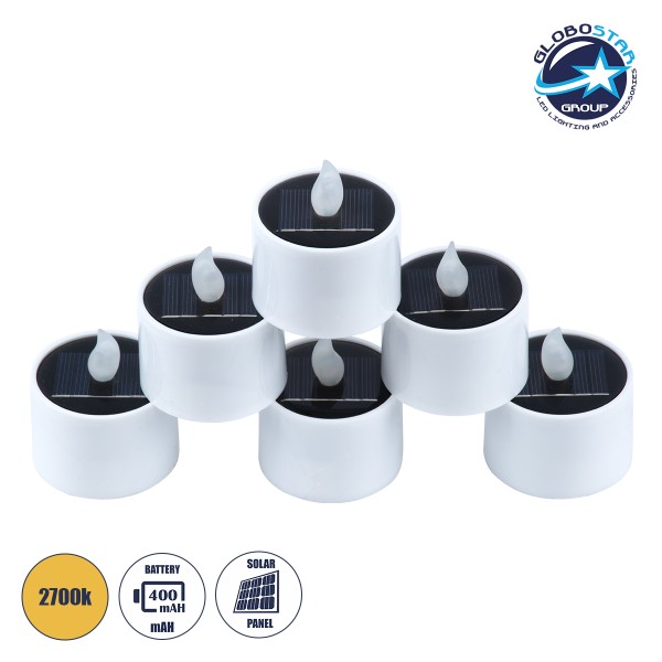 GloboStar® CANDLE 79546 ΣΕΤ 6 x Αυτόνομα Ηλιακά Διακοσμητικά Realistic Κεράκια με LED Εφέ Κινούμενης Φλόγας - 400mAh Μπαταρία - Φωτοβολταϊκό Πάνελ - Θερμό Λευκό 2700K Μπεζ D5.3 x H6cm