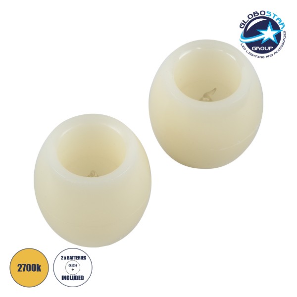 GloboStar® CANDLE 79549 ΣΕΤ 2 x Διακοσμητικά Realistic Κεράκια με LED Εφέ Κινούμενης Φλόγας - Μπαταρίας 2 x CR2032 Θερμό Λευκό 2700K Μπεζ D6 x H5cm