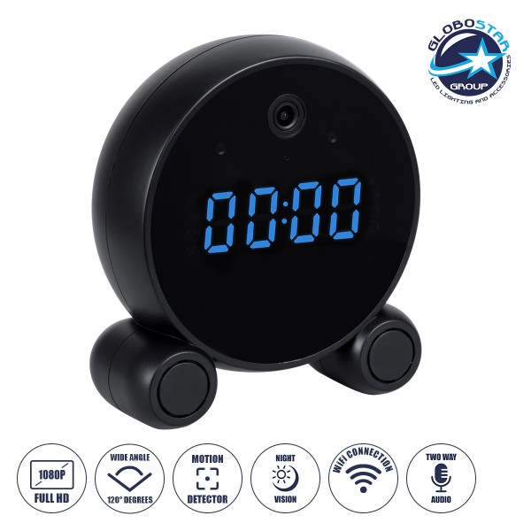 GloboStar® 86016 Rechargeable Table Camera 2MP WiFi HD 1080P 120° 5000mAh Two Way Audio Motion Detection & Digital Clock - Επαναφορτιζόμενη Επιτραπέζια Κάμερα 2MP WiFi HD 1080P 120° 5000mAh Διπλή Κατέυθυνση Ομιλίας Ανιχνευτή Κίνησης Ψηφιακό Ρολόι - Μαύρο