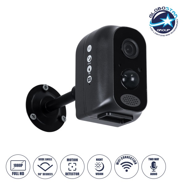 GloboStar® 86026 Επαναφορτιζόμενη Επιτραπέζια/Τοίχου IP Camera 1080P WiFi 90° Μοιρών - 6200mAh - Νυχτερινή Όραση με LED IR - Διπλή Κατέυθυνση Ομιλίας - Ανιχνευτή Κίνησης - Νυχτερινή Λήψη - Θέση SD Κάρτας Max 128GB - 25 Μέρες Stand By