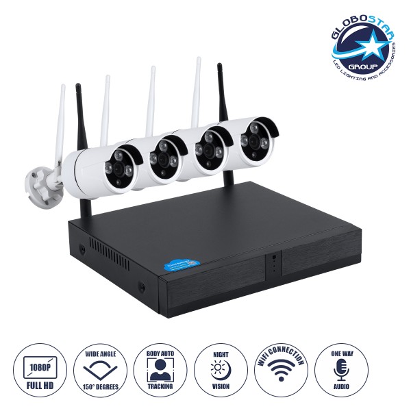 GloboStar® 86037 Ασύρματο Καταγραφικό με 4 x Camera 2MP 1080P WiFi  150° Μοιρών - Αδιάβροχο IP66 - Νυχτερινή Όραση με LED IR - Μονή Κατέυθυνση Ομιλίας - Ανιχνευτή Κίνησης - Νυχτερινή Λήψη - Λευκό
