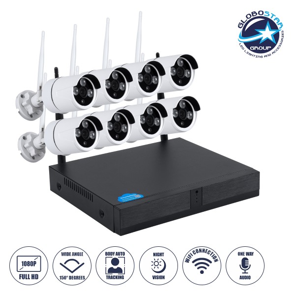 GloboStar® 86038 Ασύρματο Καταγραφικό με 8 x Camera 2MP 1080P WiFi  150° Μοιρών - Αδιάβροχο IP66 - Νυχτερινή Όραση με LED IR - Μονή Κατέυθυνση Ομιλίας - Ανιχνευτή Κίνησης - Νυχτερινή Λήψη - Λευκό