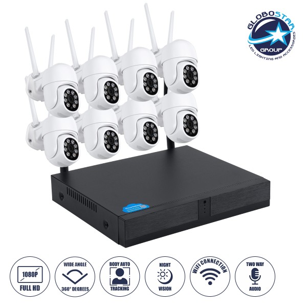 GloboStar® 86040 Ασύρματο Καταγραφικό με 8 x Camera 2MP 1080P WiFi  360° Μοιρών - Αδιάβροχο IP66 - Νυχτερινή Όραση με LED IR - Διπλή Κατέυθυνση Ομιλίας - Ανιχνευτή Κίνησης - Νυχτερινή Λήψη - Λευκό