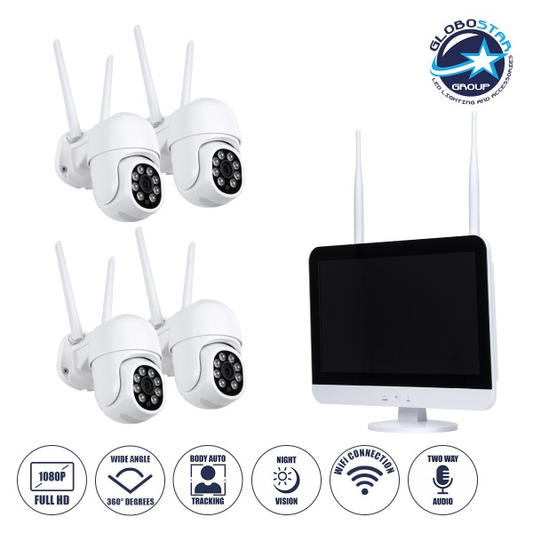 GloboStar® 86041 Ασύρματο Καταγραφικό με Οθόνη - 4 x Camera 2MP 1080P WiFi  360° Μοιρών - Αδιάβροχο IP66 - Νυχτερινή Όραση με LED IR - Διπλή Κατέυθυνση Ομιλίας - Ανιχνευτή Κίνησης - Νυχτερινή Λήψη - Λευκό