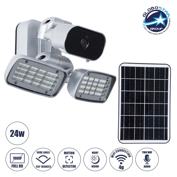 GloboStar® 86045 Αυτόνομος Ηλιακός Προβολέας LED SMD 24W 1200lm με IP Camera 1080P 2MP 4G SIM CARD WiFi 150° Ενσωματωμένη Μπαταρία 3200mAh Φωτοβολταϊκό Πάνελ Αισθητήρα Ημέρας-Νύχτας & Ρύθμιση Χρόνου Ανάμματος Αδιάβροχος IP66 Ψυχρό Λευκό 6000K - Ασημί