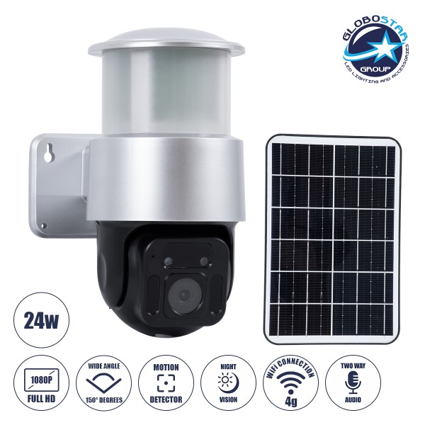 GloboStar® 86046 Αυτόνομος Ηλιακός Προβολέας LED SMD 24W 1200lm Camera 1080P 2MP WiFi 150° Μπαταρία 3200mAh Φωτοβολταϊκό Πάνελ Αισθητήρα Ημέρας-Νύχτας & Ρύθμιση Χρόνου Διπλή Κατέυθυνση Ομιλίας Αδιάβροχος IP66 Ψυχρό Λευκό 6000K - Ασημί