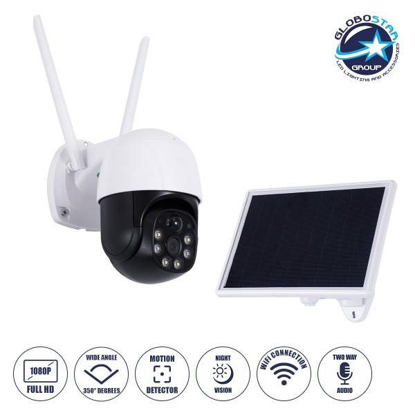 GloboStar® 86055 Αυτόνομη Ηλιακή IP Camera 1080P 2MP WiFi 350° Μοιρών - 3200mAh - Φωτοβολταϊκό Πάνελ - Νυχτερινή Όραση με LED IR - Ανιχνευτή Κίνησης - Νυχτερινή Λήψη - Αδιάβροχη IP66 - Λευκό