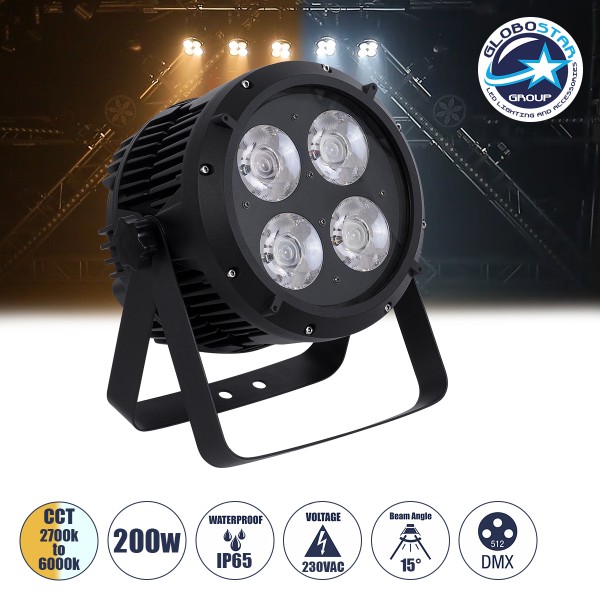 GloboStar® 51119 TYPHON Επαγγελματική Κεφαλή PAR DMX512 200W AC 220V-240V - SPOT - 15° OSRAM LED Αδιάβροχη IP65 - CCT Θερμό Λευκό 2700K - Φυσικό Λευκό 4500K - Ψυχρό Λευκό 6000K - Μαύρο - L23.2 x W22 x H33cm