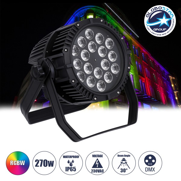 GloboStar® 51130 CENTAUR Επαγγελματική Κεφαλή PAR DMX512 270W AC 220V-240V 4in1 - SPOT 30° OSRAM LED Αδιάβροχη IP65 RGBW - Μαύρο - L22.6 x W22 x H32cm