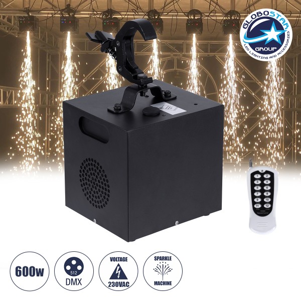 GloboStar® 51131 SIRENS Επαγγελματική Κρεμαστή Μηχανή Cold Sparkle Machine - Fountain Εφέ με Άκαυστες Σπίθες 600W AC 220V-240V DMX512 Display on Body & Ασύρματο Χειριστήριο - Μαύρο - L20 x W18 x H34cm