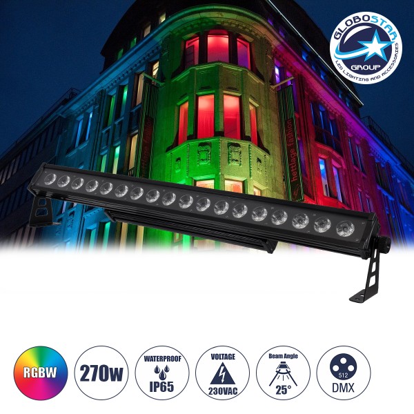 GloboStar® 51141 TRITON Επαγγελματική Μπάρα Φωτισμού Wall Washer LED 18*15W 4in1 270W 25° AC 220-240V Αδιάβροχο IP65 Πολύχρωμο RGBW DMX512 Display on Body - Μαύρο - L102 x W11 x H17cm