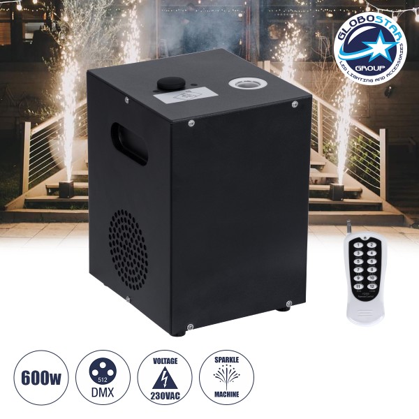 GloboStar® 51148 SIRENS Επαγγελματική Επιδαπέδια Μηχανή Cold Sparkle Machine - Fountain Εφέ με Άκαυστες Σπίθες 600W AC 220V-240V DMX512 Display on Body - Μαύρο - L18 x W16.5 x H24cm