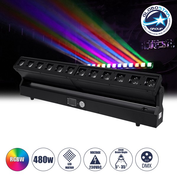 GloboStar® 51168 SPHINX Επαγγελματική Κινούμενη Μπάρα Φωτισμού DIGITAL MATRIX PIXEL LED 480W AC 220V-240V 4IN1 BEAM - WASH - SPOT - ZOOM 5° - 35° OSRAM LED DMX512 Display on Body RGBW - Μαύρο - L102 x W10 x H16.5cm