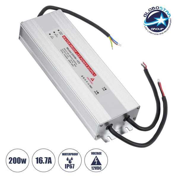GloboStar® 73054 Μεταλλικό Τροφοδοτικό SELV για Προϊόντα LED 200W 16.7A - AC 220-240V σε DC 12V - Αδιάβροχο IP67 Μ24.5 x Π7.5 x Υ4cm - 3 Years Warranty