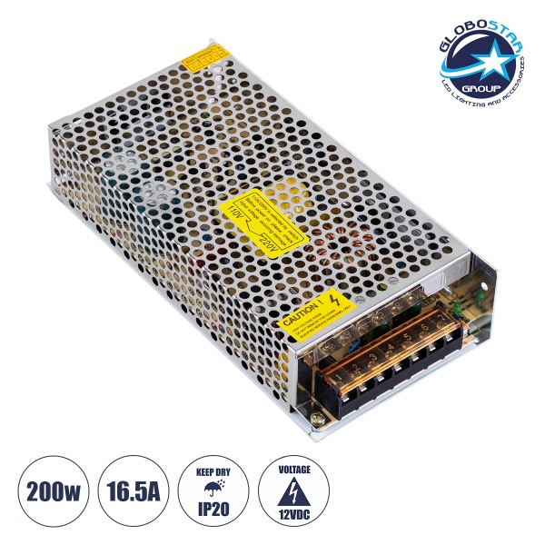 GloboStar® 73091 Μεταλλικό Τροφοδοτικό PELV TRIAC DIMMABLE για Προϊόντα LED 200W 16.66A - AC 220-240V σε DC από 0.5V (0%) σε 12V (100%) - IP20 L20 x W9 x H4.5cm - 3 Χρόνια Εγγύηση