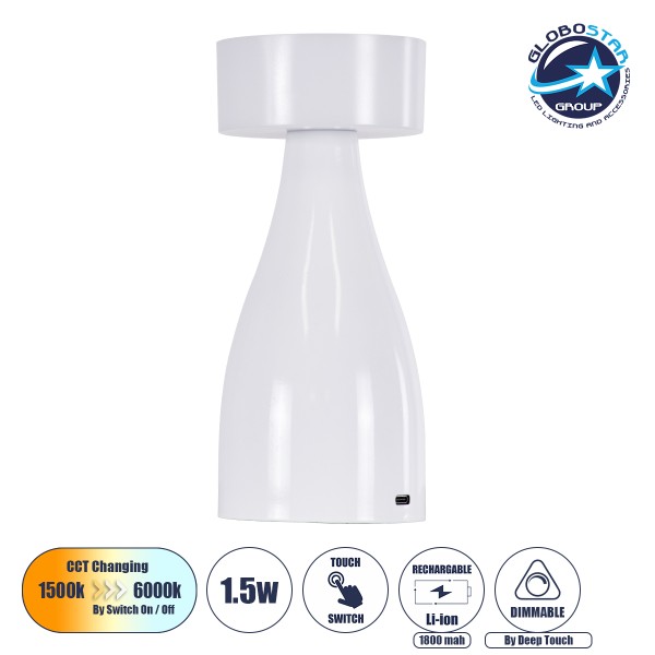 GloboStar® DOLLY 76466 Επιτραπέζιο Φωτιστικό Πορτατίφ LED 1.5W 105lm 120° DC 5V IP44 CCT Θερμό Λευκό 2700K - Φυσικό Λευκό 4500K - Ψυχρό Λευκό 6000K Dimmable Λευκό Πλαστικό - Μ9 x Π9 x Υ21cm - 2 Xρόνια Εγγύηση