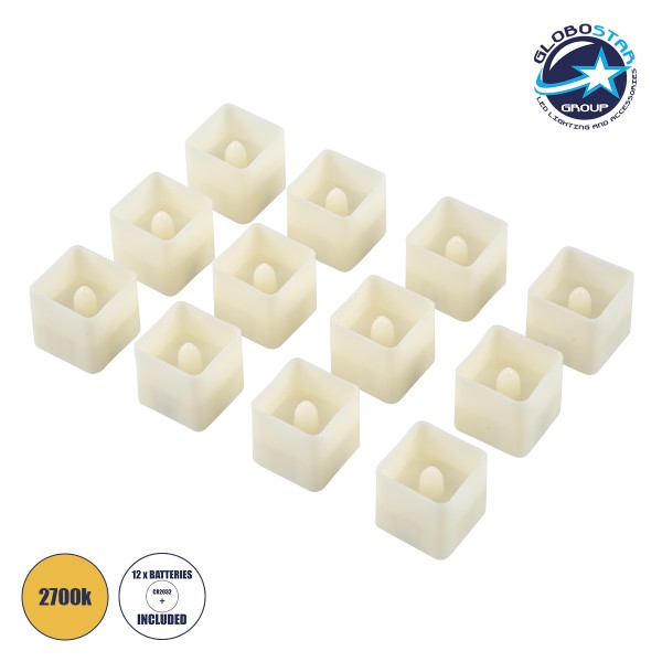 GloboStar® CANDLE 79538 ΣΕΤ 12 x Διακοσμητικά Realistic Κεράκια με LED Εφέ Κινούμενης Φλόγας - Μπαταρίας 12 x CR2032 Θερμό Λευκό 2700K Μπεζ L3.5 x W3.5 x H3.5cm