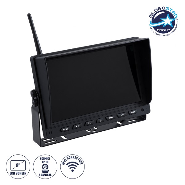 GloboStar® 86069 Έγχρωμη Οθόνη 9" WiFi για Αυτοκινητο - Φορτηγό DC 12-24V - για Σύνδεση έως 4 WiFi Κάμερες 1080P HD Οπισθοπορείας - Μαύρο
