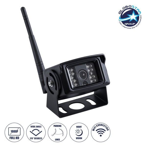 GloboStar® 86071 WiFi Έγχρωμη Κάμερα 1800P HD Οπισθοπορείας Αυτοκινήτου-Φορτηγού DC 12-24V 120° με Parking Lines Αδιάβροχη IP68 - Μαύρο