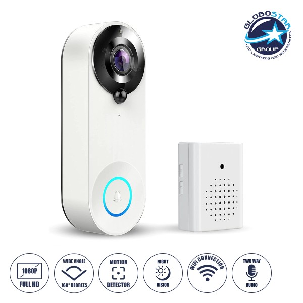 GloboStar® 86074 Ολοκληρωμένο Έξυπνο Σύστημα Ματάκι Θεατή & Κουδούνι Σπιτιού για Εξώπορτες - 1 x Κάμερα 1.0MP 1080P - Θέαση 166° με Νυχτερινή Λήψη, PIR Αισθητήρα Κίνησης & Ομιλία/Ήχος Διπλής Κατεύθυνσης - Εφαρμογή APP σε Android & iOS - Επαναφορτιζόμενη Μ