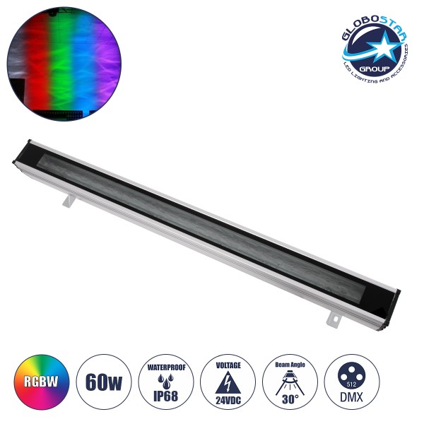 GloboStar® WASHER-AION 90103 Μπάρα Φωτισμού Wall Washer Special Water Effect - Ειδικού Εφέ Νερού LED 60W 3600lm 30° DC 24V Αδιάβροχο IP68 L100.5 x W8.2 x H9.1cm RGBW DMX512 - Ασημί - 3 Years Warranty