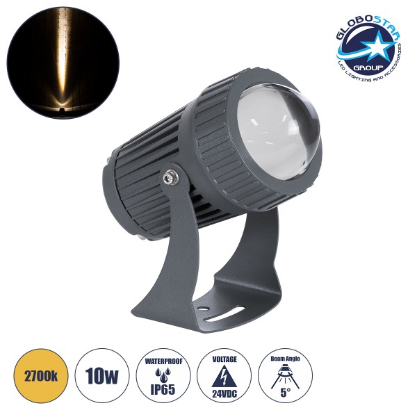 GloboStar® SPOT-FENIA 90135 Σποτ Φωτισμου Wall Washer LED 10W 1100lm 5° DC 24V Αδιάβροχο IP65 Φ7 x Υ12cm Θερμό Λευκό 2700K - Γκρι Ανθρακί - 3 Χρόνια Εγγύηση