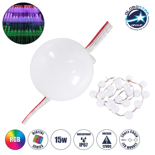 GloboStar® 90139 Digital Pixel Addressable Facade Module Chain String with 20 Spots - Ψηφιακή Αλυσίδα - Γιρλάντα με 20 Σποτ LED SMD 3535 15W 20LED 20PIXEL SPI/TTL Protocol IC UCS512B 900lm 240° DC 12V Αδιάβροχο IP67 Πολύχρωμο RGB - Μ200 x Π5 x Υ5cm - 3 Χρ