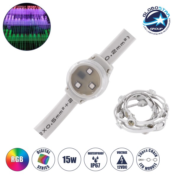 GloboStar® 90140 Digital Pixel Addressable Facade Module Chain String with 20 Spots - Ψηφιακή Αλυσίδα Γιρλάντα με 20 Σποτ LED SMD 3535 15W 20LED 20PIXEL SPI/TTL Protocol IC UCS512B 900lm 120° DC 12V IP67 RGB - Λευκό Σώμα - Μ232 x Π2.5 x Υ1.5cm
