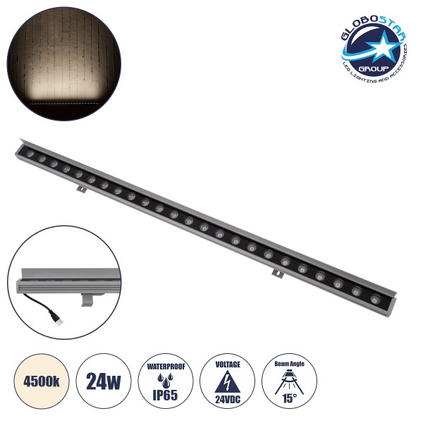 GLOBOSTAR® WASHERFAIA 90187 Μπάρα Φωτισμού Wall Washer με Αντιθαμβωτική Γρίλια LED 24W 2760lm 15° DC 24V Αδιάβροχο IP65 Φυσικό Λευκό 4500K Dimmable - Bridgelux SMD Chip - Ασημί - Μ100 x Π4 x Υ5.5cm - 3 Χρόνια Εγγύηση