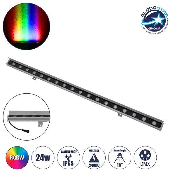 GloboStar® WASHER-FAIA 90189 Μπάρα Φωτισμού Wall Washer με Αντιθαμβωτική Γρίλια LED 24W 2040lm 15° DC 24V Αδιάβροχο IP65 L100 x W4 x H5.5cm RGBW DMX512 - Ασημί - 3 Years Warranty