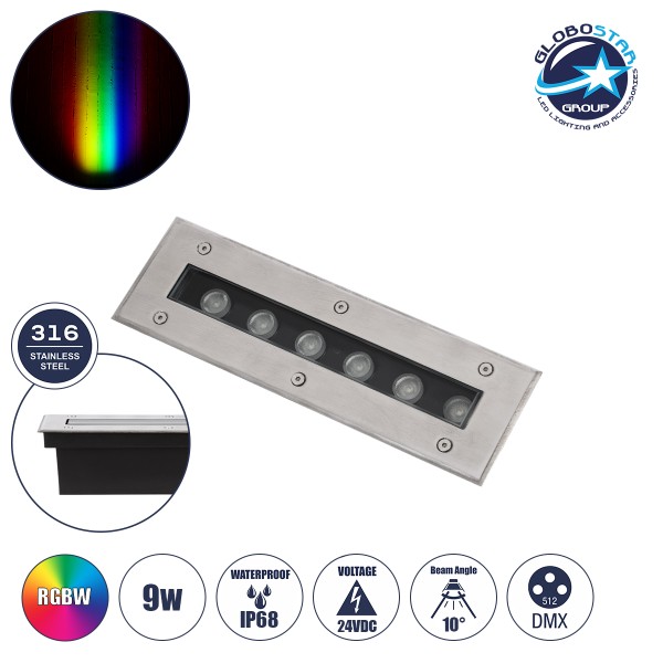 GLOBOSTAR® UNDERGROUND-REMVI 90191 Χωνευτή Μπάρα Φωτισμού Wall Washer LED 9W 765lm 10° DC 24V Αδιάβροχο IP68 RGBW Dimmable DMX512 - Ανοξείδωτο Ατσάλι 304 - Μ30 x Π9 x Υ8.5cm / Q28.5 x 7.5cm - 3 Χρόνια Εγγύηση
