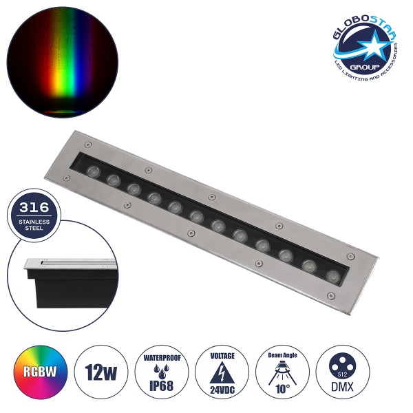 GLOBOSTAR® UNDERGROUND-REMVI 90193 Χωνευτή Μπάρα Φωτισμού Wall Washer LED 12W 1020lm 10° DC 24V Αδιάβροχο IP68 RGBW Dimmable DMX512 - Ανοξείδωτο Ατσάλι 304 - Μ50 x Π9 x Υ7.2cm / Q48.5 x 7.5cm - 3 Χρόνια Εγγύηση