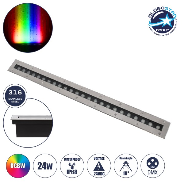GLOBOSTAR® UNDERGROUND-REMVI 90195 Χωνευτή Μπάρα Φωτισμού Wall Washer LED 24W 2040lm 10° DC 24V Αδιάβροχο IP68 RGBW Dimmable DMX512 - Ανοξείδωτο Ατσάλι 304 - Μ100 x Π9 x Υ7.2cm/ Q98.2 x 7.6cm - 3 Χρόνια Εγγύηση