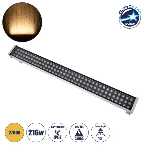 GLOBOSTAR® WASHER-GAIA 90217 Μπάρα Φωτισμού Wall Washer LED 216W 19440lm 10° DC 24V Αδιάβροχο IP67 Θερμό Λευκό 2700K Dimmable - Ασημί - Μ100 x Π10.2 x Υ9.5cm - 3 Χρόνια Εγγύηση