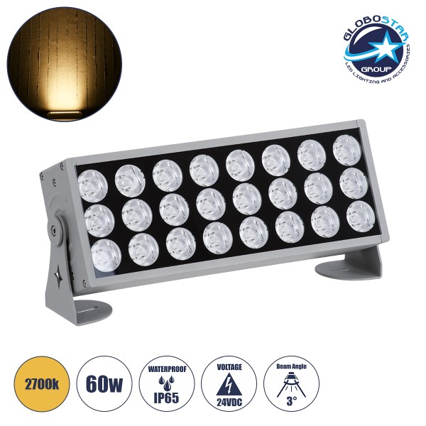 GloboStar® FLOOD-ZENA 90219 Προβολέας Wall Washer για Φωτισμό Κτιρίων LED 60W 5400lm 3° DC 24V Αδιάβροχο IP65 L37 x W9 x H26.5cm Θερμό Λευκό 2700K - Ασημί - 3 Years Warranty