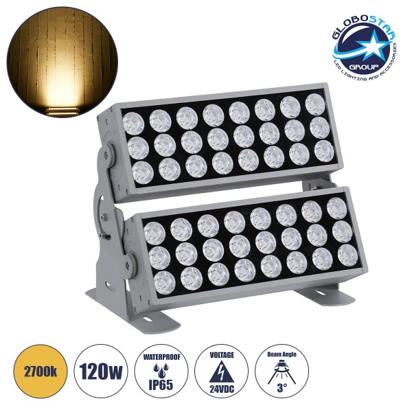 GloboStar® FLOOD-ZENA 90220 Προβολέας Wall Washer για Φωτισμό Κτιρίων LED 120W 10800lm 3° DC 24V Αδιάβροχο IP65 L38 x W30.5 x H24cm Θερμό Λευκό 2700K - Ασημί - 3 Years Warranty