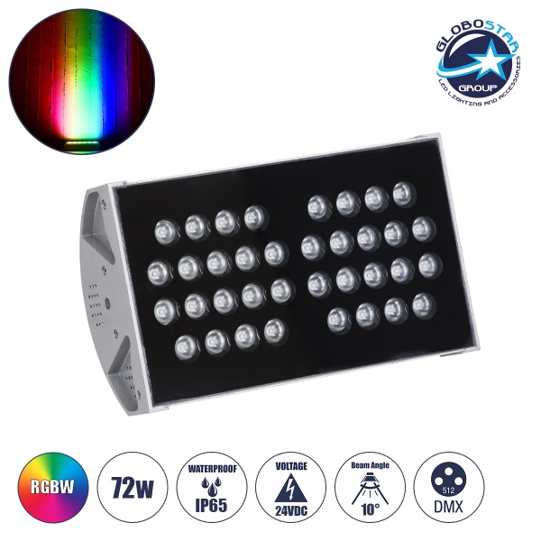GloboStar® FLOOD-TENA 90222 Προβολέας Wall Washer για Φωτισμό Κτιρίων LED 72W 6120lm 10° DC 24V Αδιάβροχο IP65 L29.8 x W15.5 x H18cm RGBW DMX512 - Ασημί - 3 Years Warranty