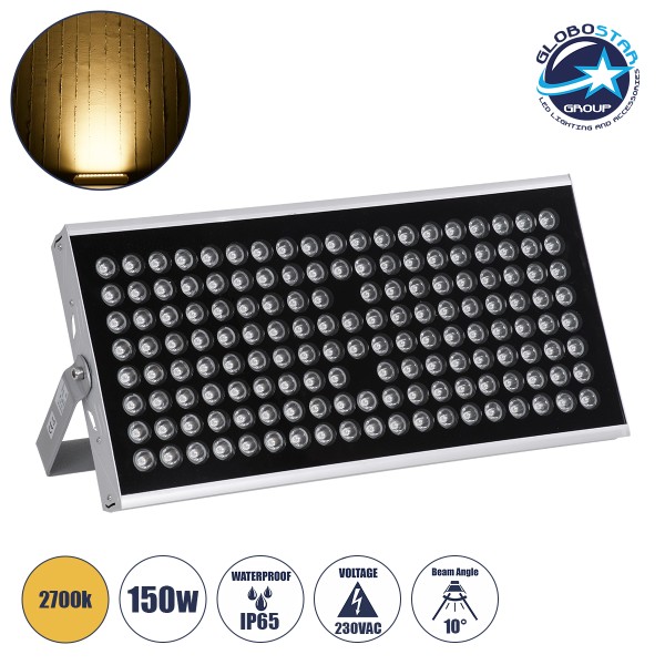 GloboStar® FLOOD-TENA 90223 Προβολέας Wall Washer για Φωτισμό Κτιρίων LED 150W 13500lm 10° DC 24V Αδιάβροχο IP65 L43.5 x W15.5 x H18cm Θερμό Λευκό 2700K - Ασημί - 3 Years Warranty
