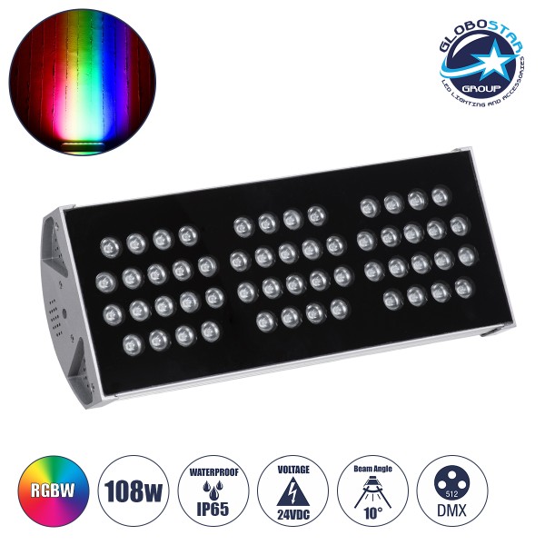 GloboStar® FLOOD-TENA 90224 Προβολέας Wall Washer για Φωτισμό Κτιρίων LED 108W 9180lm 10° DC 24V Αδιάβροχο IP65 Μ43.5 x Π15.5 x Υ18cm RGBW DMX512 - Ασημί - 3 Years Warranty