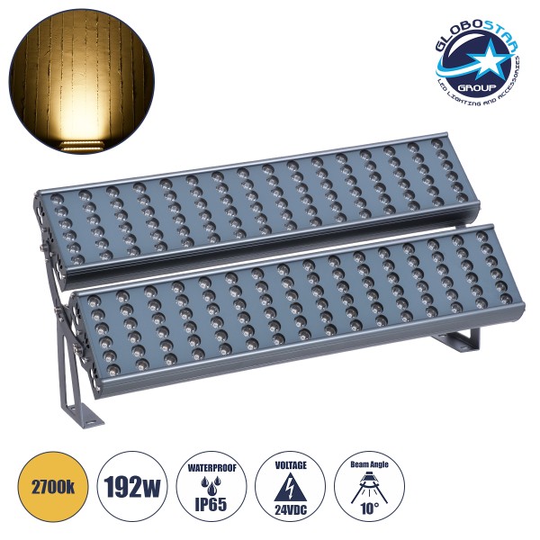 GloboStar® FLOOD-TENA 90225 Προβολέας Wall Washer για Φωτισμό Κτιρίων LED 192W 17280lm 10° DC 24V Αδιάβροχο IP65 L68.5 x W33 x H24cm Θερμό Λευκό 2700K - Ασημί - 3 Years Warranty