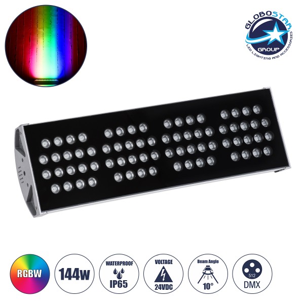 GloboStar® FLOOD-TENA 90226 Προβολέας Wall Washer για Φωτισμό Κτιρίων LED 144W 12240lm 10° DC 24V Αδιάβροχο IP65 L57 x W18 x H19.5cm RGBW DMX512 - Ασημί - 3 Years Warranty