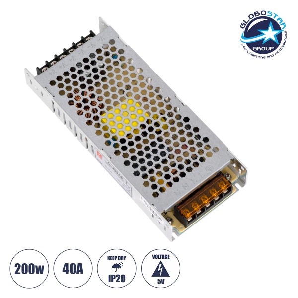GLOBOSTAR® POWERULCO 90236 Τροφοδοτικό/Μετασχηματιστής PELV 200W 40A DC 5V IP20 - AC 220-240V σε DC 5V - Μ19 x Π8 x Υ3cm - 2 Χρόνια Εγγύηση