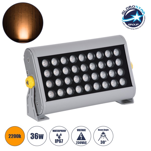 GloboStar® FLOOD-HENA 90445 Προβολέας Wall Washer για Φωτισμό Κτιρίων LED 36W 3060lm 30° AC 220-240V Αδιάβροχο IP67 Μ30 x Π6 x Υ17cm Αρχιτεκτονικό Πορτοκαλί 2200K - Ασημί - 3 Years Warranty