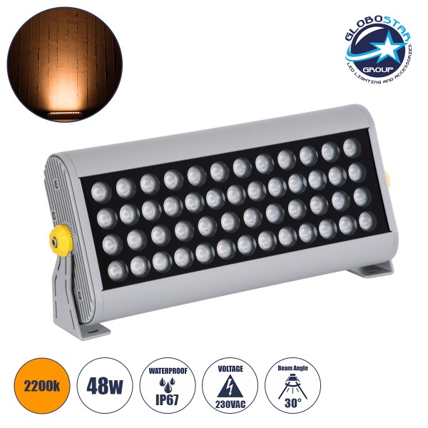 GloboStar® FLOOD-HENA 90446 Προβολέας Wall Washer για Φωτισμό Κτιρίων LED 48W 4080lm 30° AC 220-240V Αδιάβροχο IP67 Μ39 x Π6 x Υ17cm Αρχιτεκτονικό Πορτοκαλί 2200K - Ασημί - 3 Years Warranty