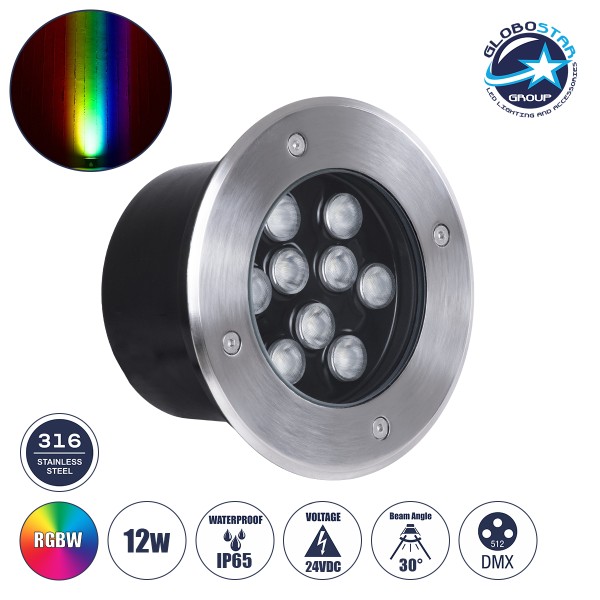 GLOBOSTAR® UNDERGROUND-TINA 90669 Χωνευτό Αρχιτεκτονικο Φωτιστικό Σποτ Δαπέδου LED 12W 1260lm 30° DC 24V Αδιάβροχο IP65 RGBW DMX512 Dimmable - Ανοξείδωτο Ατσάλι 304 - Φ16 x Υ9cm / Q14cm - 3 Χρόνια Εγγύηση