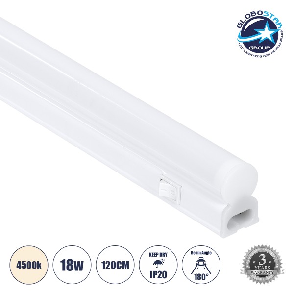 GloboStar® TUBO 60791 Γραμμικό Φωτιστικό Οροφής Linear LED Τύπου T5 Επεκτεινόμενο 18W 1764lm 180° AC 220-240V IP20 Πάγκου Κουζίνας με Διακόπτη On/Off Μ120 x Π2.2 x Υ3.5cm Φυσικό Λευκό 4500K - Λευκό - 3 Years Warranty