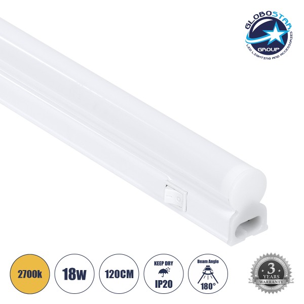 GloboStar® TUBO 60792 Γραμμικό Φωτιστικό Οροφής Linear LED Τύπου T5 Επεκτεινόμενο 18W 1728lm 180° AC 220-240V IP20 Πάγκου Κουζίνας με Διακόπτη On/Off Μ120 x Π2.2 x Υ3.5cm Θερμό Λευκό 2700K - Λευκό - 3 Years Warranty